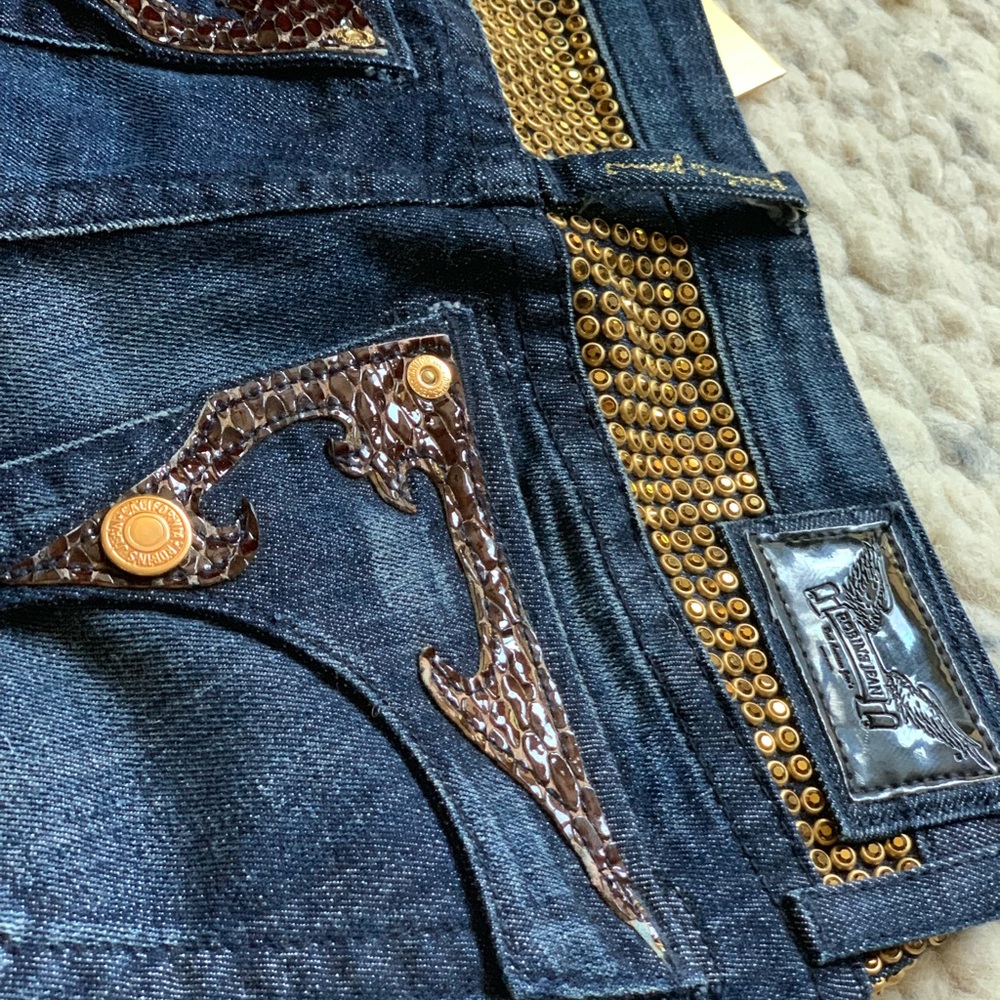 Robins Straight Fit Dark Wash Leather Rivet Jeans